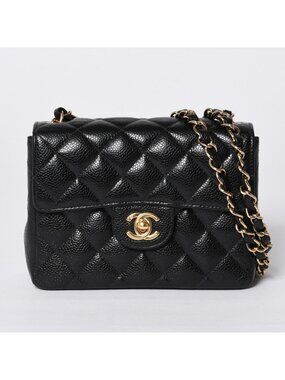 Chanel Mini Quilted Chain Shoulder Bag Caviar Leather Gold Black